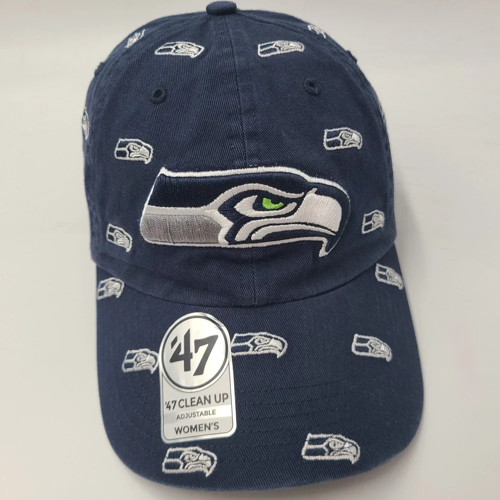 Women Seattle Seahawks Hat Strapback 47 Brand Clean Up Blue NFL All Over Print